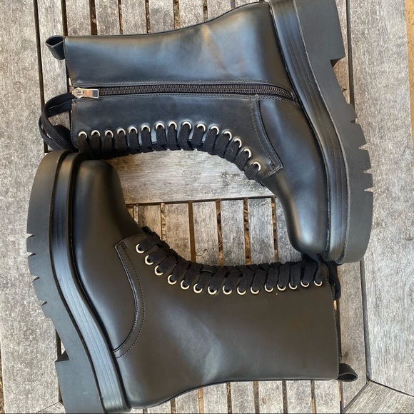 #27  Nasty Gal Black Chunky Faux Leather Lace Up Combat Boots - Picture 8 of 12